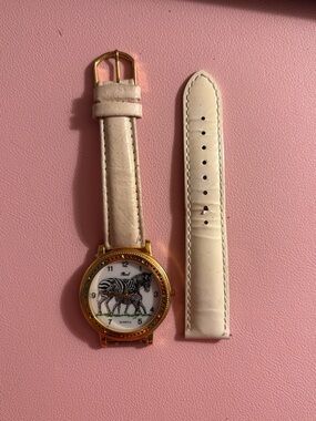 Pearl Gold-Rim Zebra Dial Watch with Cream Leather Straps